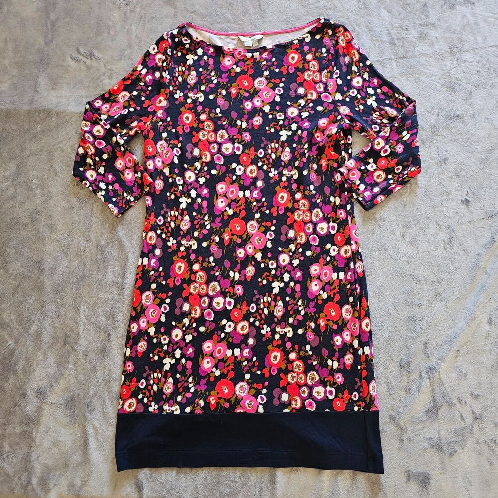 Boden Dress Womens 12 Navy Blue Pink Floral Boat Neck 3/4 Sleeve Career Casual